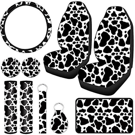 Picture of 10 Pieces Cow Print Car Decorations Include Car Steering Wheel Cover, Front Seat Covers, Car Coasters, Keyring, Armrest Pad, Seat Belt Pads, Wrist Strap for Vehicles Car