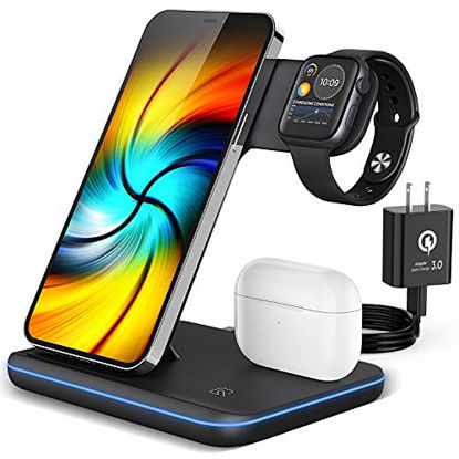 Picture of Wireless Charging Station, 2021 Upgraded 3 in 1 Wireless Charger Stand with Breathing Indicator Compatible with iPhone 13/12/11 Pro/XS/8, Apple iWatch 7/SE/6/5/4/3/2,AirPods Pro