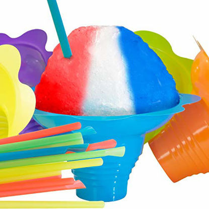Picture of Super Cute Flower Cups and Spoon Straws Combo 100Pk. Colorful, Leak Proof Small Bowls Are Perfect Snow Cone Supply for Kids Birthday Party or Summer Cookout. Great For Shaved Ice, Snacks or Ice Cream