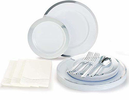Picture of By Madee Silver Disposable Dinnerware Set - 175 PCS for 25 Guests - Dinner Plates, Salad Plates, Silverware & Napkins - Premium Plastic Supplies for Weddings, Events & Elegant Parties - Heavyweight