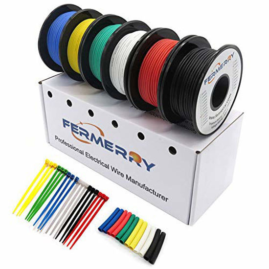 Picture of Fermerry Hookup Wire 22 Guage Stranded 22AWG Silicone Wire Tinned Copper Wire Kit 6 Colors 100Ft Each Flexible Electric Cable (6 Colors 100 FT Each, 22AWG)