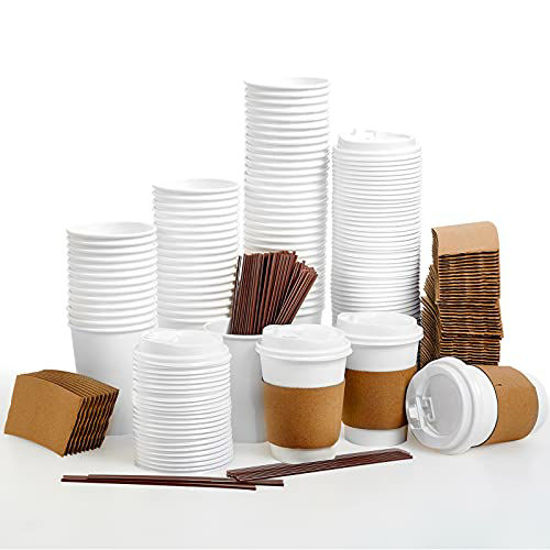 Picture of [100 Pack] 12 oz Paper Coffee Cups, Disposable Paper Coffee Cup with Lids, Sleeves, and Stirrers, Hot/Cold Beverage Drinking Cup for Water, Juice, Coffee or Tea, Suitable for Home, Shops and Cafes