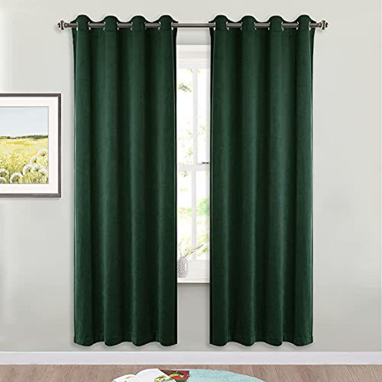 Picture of StangH Dark Green Curtains Vintage DecorThick Soft Velvet Blackout Curtains Drapes for Farmhouse Living Room Party Holiday Fete Accessories, W52 x L72, Dark Green, 2 Panels