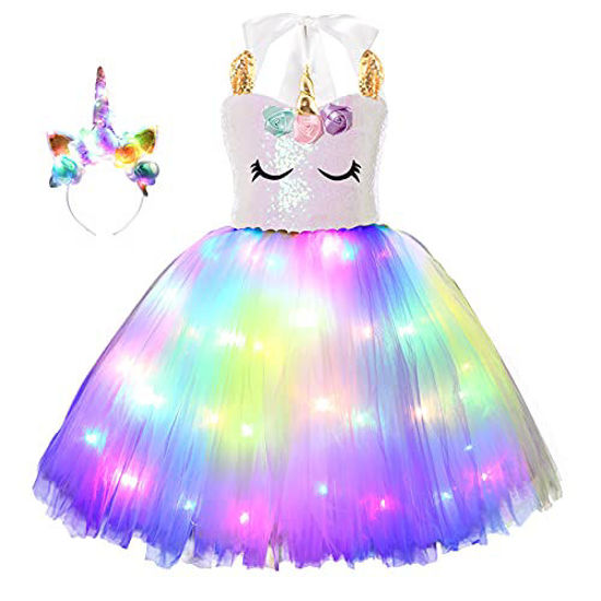 Girls Unicorn Princess Costume LED Light Up Birthday Party Outfit Halloween Tutu Dress with Headband 