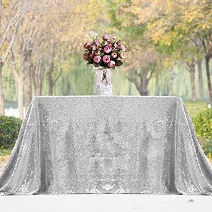 Picture of JYFLZQ Silver Sequin Tablecloth 90" x 132" Rectangular Sparkly Drape Table Cloths Table Cover Overlay for Wedding Birthday Party Baby Bridal Shower