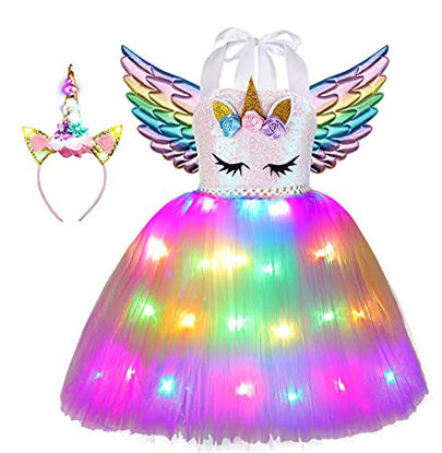 Picture of Viyorshop Girl Unicorn Costume Unicorn Tutu Dress Rainbow LED Light Up Birthday Party Outfit for Halloween Party Costumes (sequins, 5-6 Years)