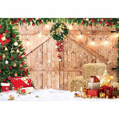 Picture of Haboke 10x8ft Soft Fabric Rustic Christmas Barn Wood Door Backdrop for Photography Xmas Tree Snow Gift Wall Floor Party Photo Background Family Holiday Supplies Banner Decorations Studio Prop Pictures