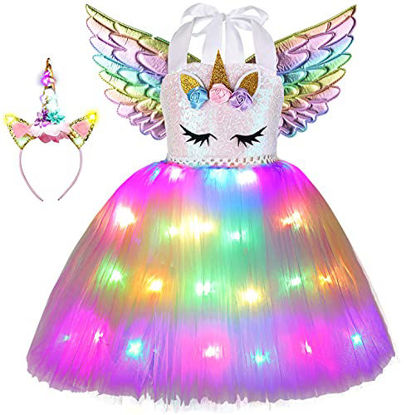 Picture of Unicorn Tutu Costume for Girls,Unicorn Birthday Party Outfit Princess Dress Costume with Wings (5-6 Years, Rainbow)