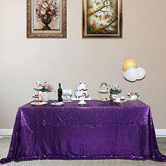 Picture of JYFLZQ Purple Sequin Tablecloth 90" x 132" Rectangular Sparkly Drape Table Cloths Table Cover Overlay for Wedding Birthday Party Baby Bridal Shower
