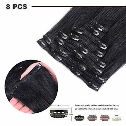 Picture of 18" Remy Clip in Hair Extensions Human Hair Black for Women Fashion - Long Silky Straight 8pcs 20clips Real Hair Extensions Clip in Human Hair (18 inch 100g #1 Jet Black)