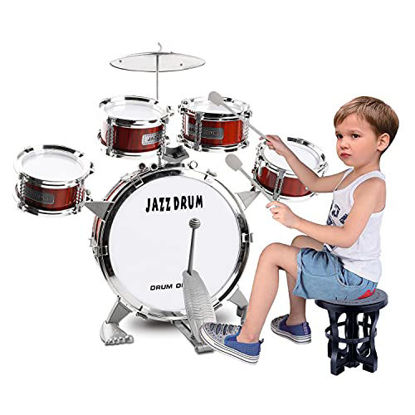 Picture of TWFRIC Toy Drum Set for Kids 9 Piece Toddler Drum Kit Bass Drum with Foot Pedal Musical Instruments Playing Rhythm Beat Toy Gift for Boys Girls