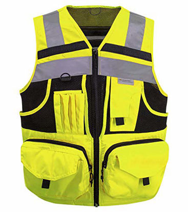 Picture of 3M Reflective stripes Safety Vest Hi-vis Yellow knitted Vest with 10 pockets Bright Construction Workwear for men and women. (Large)