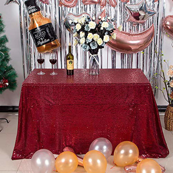 Picture of JYFLZQ Burgundy Sequin Tablecloth 90" x 132" Rectangular Sparkly Drape Table Cloths Table Cover Overlay for Wedding Birthday Party Baby Bridal Shower
