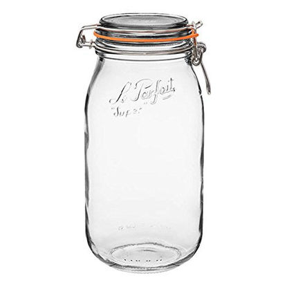 Picture of Le Parfait Super Jar - 2L French Glass Canning Jar w/Round Body, Airtight Rubber Seal & Glass Lid, 64oz/2 Quarts (Pack of 3) Stainless Wire
