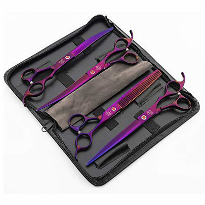 Picture of Moontay Professional 8.0" Dog Grooming Scissors Set, 4-pieces Straight, Upward Curved, Downward Curved, Thinning/Blending Shears for Dog, Cat and Pets, JP Stainless Steel, Purple