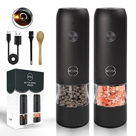 USB Rechargeable - LED Lights Automatic Wood Pepper and Salt Mill Grinder  Set
