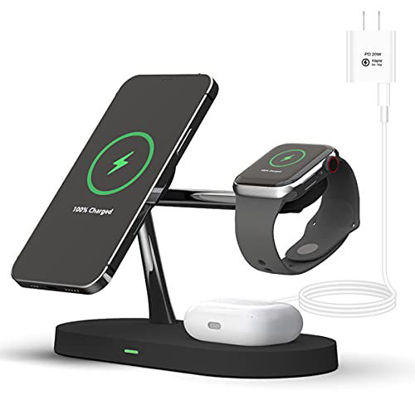 Picture of PONKET 4 in 1 Magnetic Wireless Charger Station Compatible with MagSafe |20W PD Adapter | Fast Wireless Charging Stand for iPhone 13/12/12 Pro Max/Mini/AirPods Pro/AirPods 1/2 iwatch Series -Black