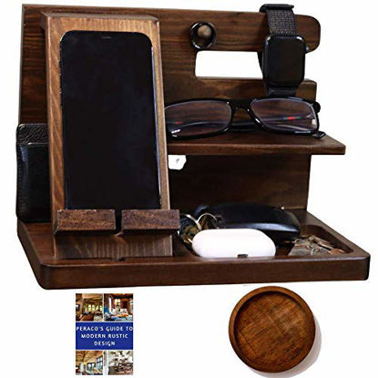 Picture of Wooden Docking Station Men and Nightstand Organizer for Men - Wooden Phone Docking Station - Foldable Wooden Phone Stand and Charging Station - Bedside Docking Station with Coaster by Peraco