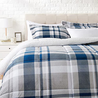 Picture of Amazon Basics Ultra-Soft Micromink Sherpa Comforter Bed Set - Navy Plaid, Full/Queen