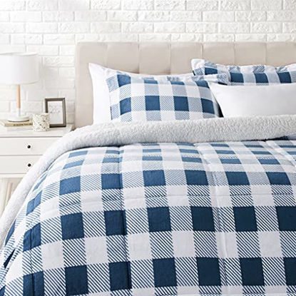 Picture of Amazon Basics Ultra-Soft Micromink Sherpa Comforter Bed Set - Navy Gingham, Full/Queen