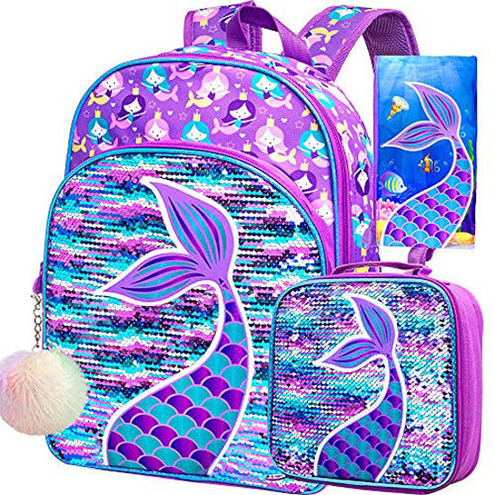 Picture of 4PCS Mermaid Backpack for Girls, 16" Sequin Kids Bookbag and Lunch Box