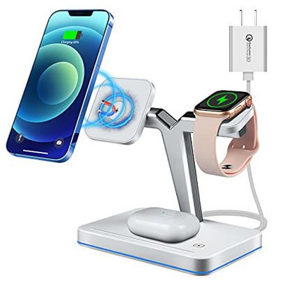 Picture of Magnetic Wireless Charger for Apple Magsafe, 15W 3 in 1 Qi Fast Wireless Charging Station for iPhone 13/12/ Pro/Pro Max/Mini, Apple Watch 7/SE/6/5/4/3/2, Airpods 2/Pro (QC 3.0 Adapter Included)