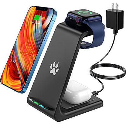 Picture of POWLAKEN Wireless Charging Station, 3 in 1 Fast Wireless Charger Charging Stand Compatible with Apple Watch Series Se 6 5 4 3 2, Airpods Pro/2, iPhone 12 Pro max,12,11 Pro,11,Xs max,Xr,X,8 (Black)