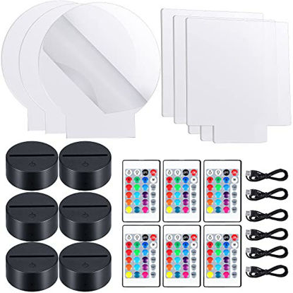 Picture of 6 Sets 3D Night LED Light Lamp Bases Including 6 Light Display Stands 6 Clear Acrylic Sheets 6 Remote Controls 6 Charging Cables, Adjustable 16 Colors 4 Modes Acrylic Lamp Base (Round, Square Style)