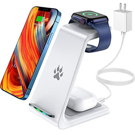 Picture of POWLAKEN Wireless Charging Station, 3 in 1 Fast Wireless Charger Charging Stand Compatible with Apple Watch Series Se 6 5 4 3 2, Airpods Pro/2, iPhone 12 Pro max,12,11 Pro,11,Xs max,Xr,X,8 (White)