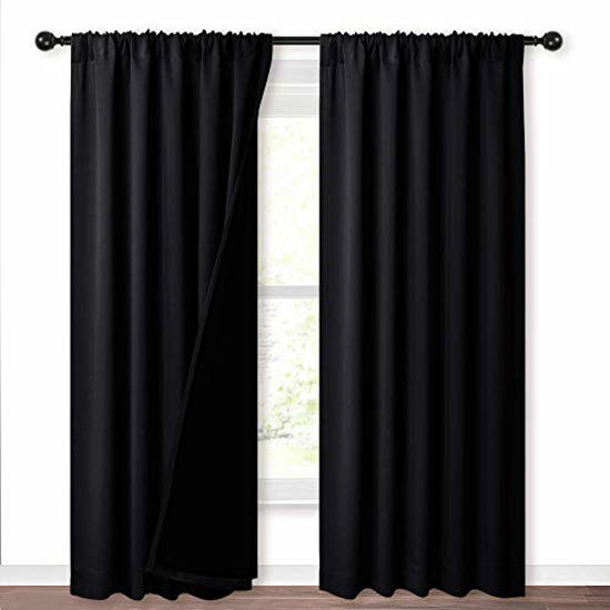 Picture of NICETOWN 100% Blackout Curtains Heat Blocking, Durable Black Lined Blackout Curtains for Bedroom, Energy Saving Long Curtains for Patio Sliding Glass Door, Black, 52-inch x 95-inch, 2 Panels