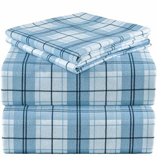 Picture of Mellanni 100% Organic Cotton Flannel Sheet Set - Lightweight 4 pc Luxury Bed Sheets - Cozy, Soft, Warm, Breathable Bedding - Deep Pockets - All Around Elastic (Queen, Light Blue Plaid)