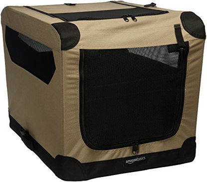Picture of Amazon Basics 3-Door Collapsible Soft-Sided Folding Soft Dog Travel Crate Kennel, Small (18 x 18 x 26 Inches), Tan