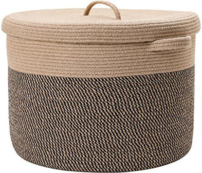 Picture of 20" x 20" x 15" Extra Large Storage Basket with Lid, Cotton Rope Storage Baskets, Laundry Hamper, Toy Bin, for Toys Blankets Pillows Storage in Living Room Baby Nursery, Jute/Black Mix with Lid
