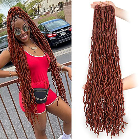 Picture of Leeven 7 Packs Copper Red New Faux Locs 30 Inch Distressed Ginger Soft Locs Crochet Hair Pre Looped Long Boho Goddess Locs Curly Wavy Extended Synthetic Braids Hair for Black Women 15 Stands/Pack #350
