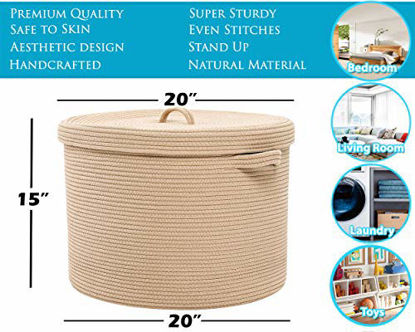 Picture of 20" x 20" x 15" Extra Large Storage Basket with Lid, Cotton Rope Storage Baskets, Laundry Hamper, Toy Bin, for Toys Blankets Pillows Storage in Living Room Baby Nursery, Basket with Cover, All Beige