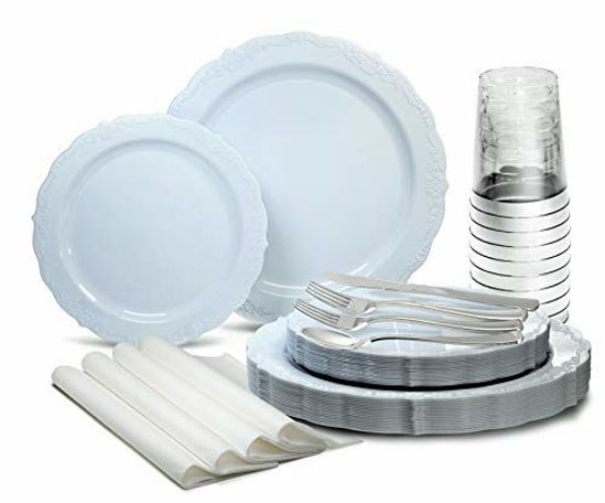 Picture of " OCCASIONS " 320 Piece set (40 Guests)-Vintage Wedding Party Disposable Plastic Plates & cutlery -40 x 10'' + 40 x 7.5'' + Silver Silverware + Cups + Napkins (Verona Blue)