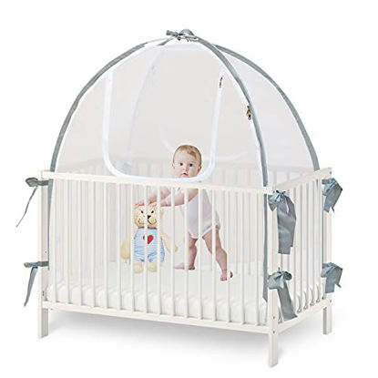 Picture of Baby Crib Strong Durable Safety Tent Net, Protects from Baby Climbing Out, and from Insects, Mosquitoes, See Through Mesh Net, Automatic Lock Zippers, Strong Rods Not Flimsy Pop Up Wire(Crib Tent)