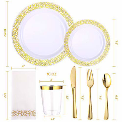 Picture of 175 Piece Gold Dinnerware Set 25 Guest-50 Gold Lace Plastic Plates-25 Gold Plastic Silverware-25 Gold Plastic Cups-25 Linen Like Gold Paper Napkins, FOCUSLINE Disposable Dinnerware Set