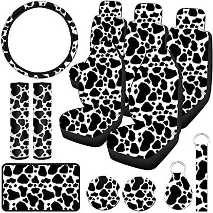 Picture of 15 Pieces Cow Print Car Seat Covers Full Set Cow Print Car Accessories Set Upgrade Thick Cow Print Seat Covers Steering Wheel Cover Car Coaster Armrest Pad Cover Seat Belt Pads Wrist Holder Keychain