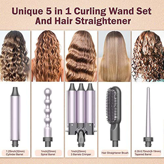 GetUSCart- EmaxDesign Curling Iron, Unique 5 in 1 Curling Wand Set with 3  Barrel Hair Waver and Hair Straightener Brush, Instant Heat Up Hair Curler  Waver Iron with LCD Temp Display &