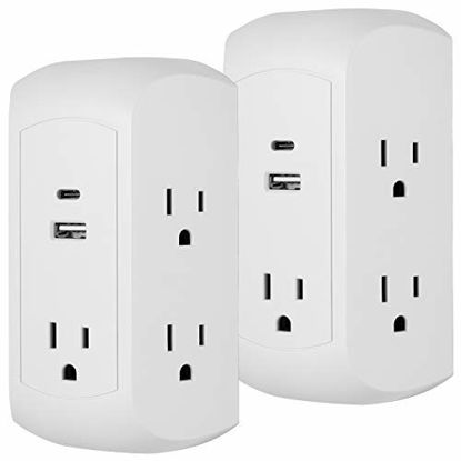 Picture of GE UltraPro 5-Outlet Extender with USB and USB-C Port, 2 Pack, Surge Protector, Spaced Wall Tap, Side-Access, Charging Station, for iPhone/iPad/Samsung Galaxy, 560 Joules, UL Listed, White, 50037