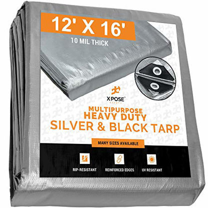 Picture of Heavy Duty Poly Tarp - 12' x 16' - 10 Mil Thick Waterproof, UV Blocking Protective Cover - Reversible Silver and Black - Laminated Coating - Grommets - by Xpose Safety