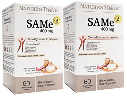 Picture of SAM-e 400mg 120 Enteric Coated Caplets (2 Boxes of 60) - Vegan, Kosher, Non-GMO, Soy Free, Gluten Free - Promotes Positive Mood and Joint Comfort - Cold Form Blister Packed - by Nature's Trove