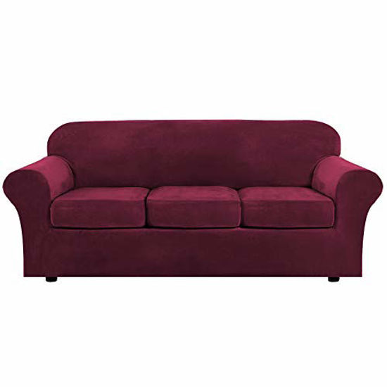 Picture of Modern Velvet Plush 4 Piece High Stretch Sofa Slipcover Strap Sofa Cover Furniture Protector Form Fit Luxury Thick Velvet Sofa Cover for 3 Cushion Couch, Machine Washable(Sofa,Burgundy)
