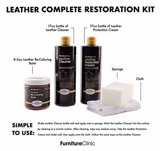 Picture of FurnitureClinic Leather Complete Restoration Kit | Includes Leather Re-Coloring Balm, Leather Cleaner, Protection Cream, Sponge & Cloth | Restores & Repairs (Med Brown)