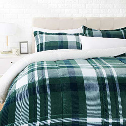 Picture of Amazon Basics Ultra-Soft Micromink Sherpa Comforter Bed Set - Green Plaid, King