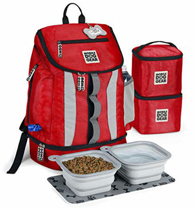 Picture of Mobile Dog Gear, Dog Travel Bag, Drop Bottom Week Away Backpack for Medium and Large Dogs, Includes 2 Lined Food Carriers and 2 Collapsible Dog Bowls, Bright Red