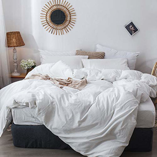 Picture of MOOMEE Bedding Duvet Cover Set 100% Washed Cotton Linen Like Bedding Textured Breathable Durable Soft Comfy (White, Twin)