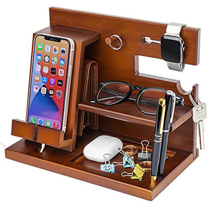 Picture of awofer Wood Phone Docking Station Nightstand Organizer for Men - Key Holder Wallet Stand iWatch Organizer Ring Hanging - Gadgets Gifts for Husband Boyfriend Dad Son Birthday Anniversary Fathers Day