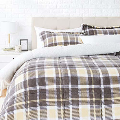 Picture of Amazon Basics Ultra-Soft Micromink Sherpa Comforter Bed Set - Taupe Plaid, King
